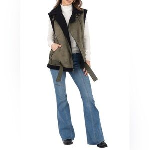 Frye Belted Suede Faux Shearling Moto Olive Green Women’s Vest-S-Utility Country